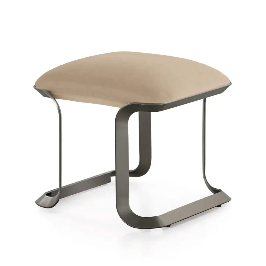 Elegant Turri Milano ottoman with a light beige upholstered seat and curved brushed nickel metal structure