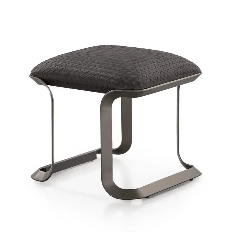 Captivating Turri Milano ottoman with woven dark gray textile and curved brushed nickel metal structure