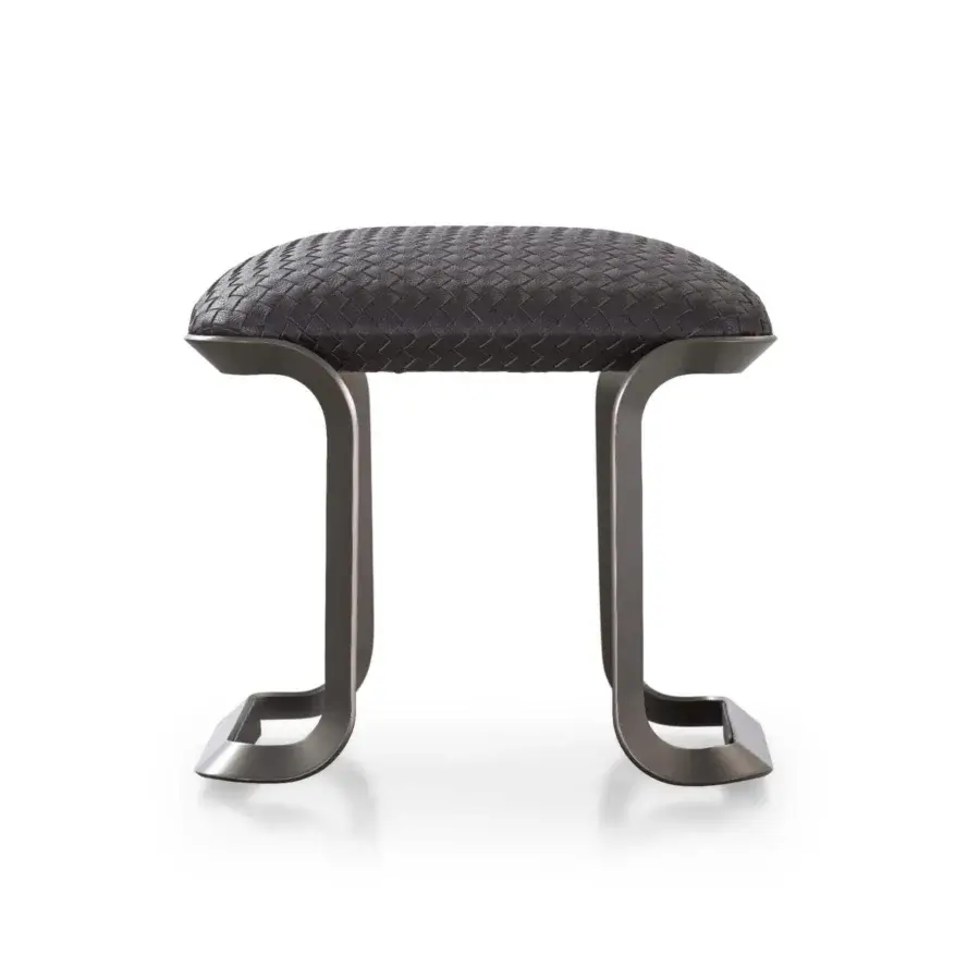 Distinguished Turri Milano ottoman with curved brushed nickel metal and woven dark gray textile upholstery