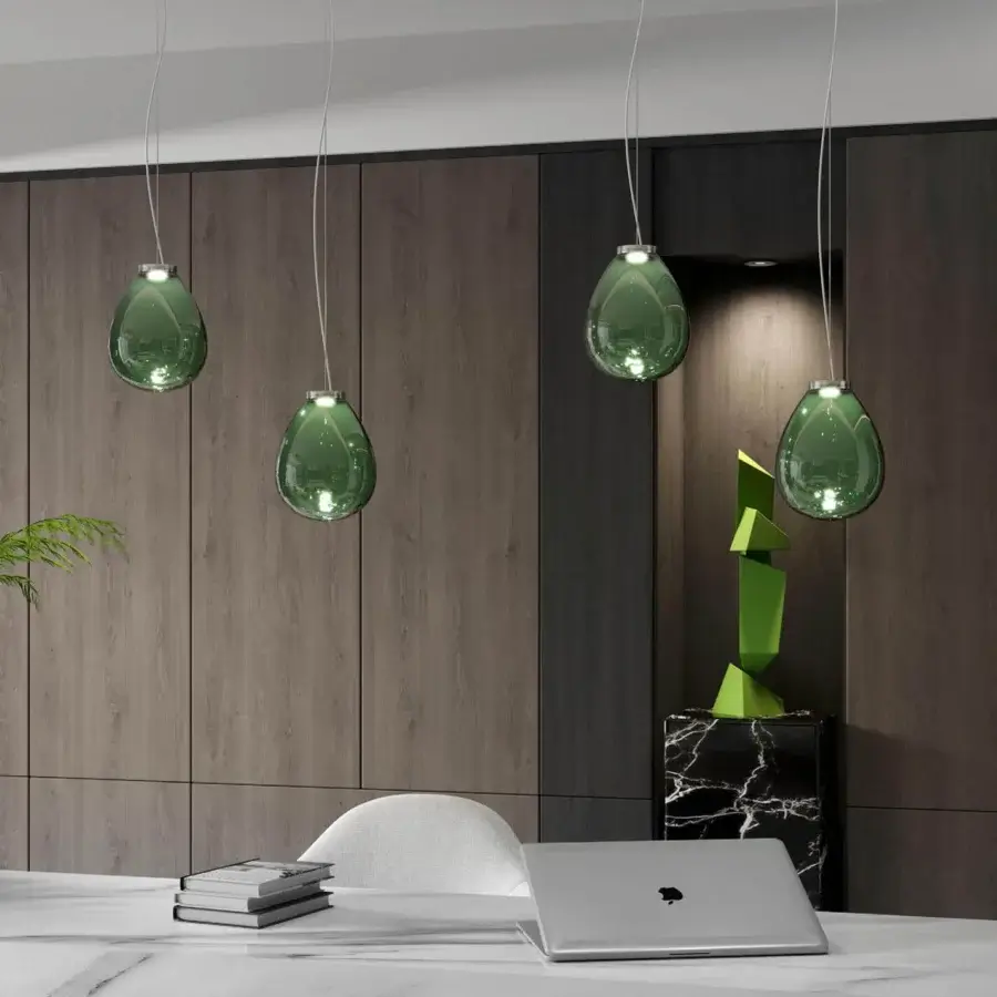 Distinguished Stillux The Light suspension lamp with a chrome metal frame and captivating green Certified Lead Crystal diffuser