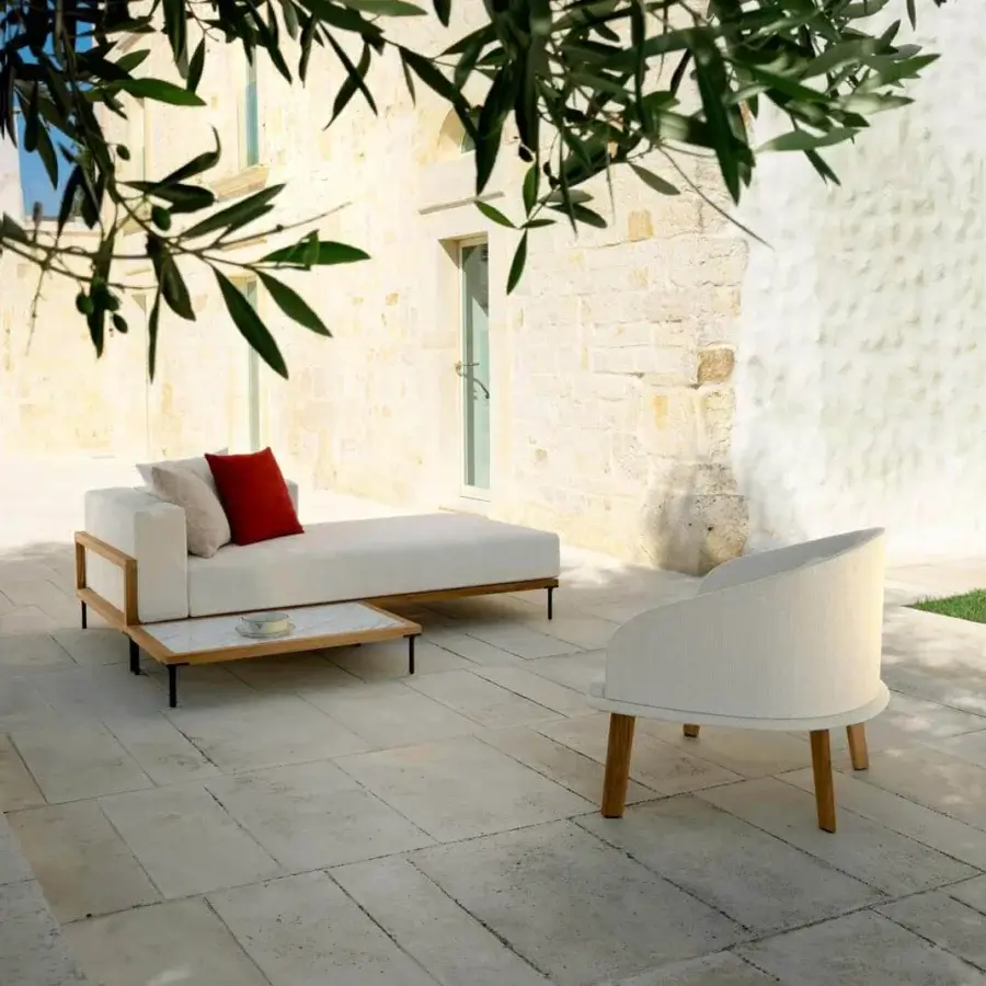 Distinguished Talenti Cleo coffee table with wood structure and light-colored marble top in a natural finish