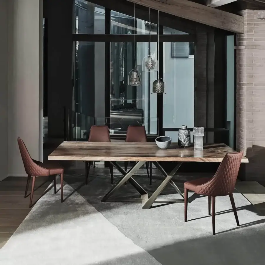 Superior Bontempi Millennium table with dark brown wood tabletop and matte finish metal X-shaped supports