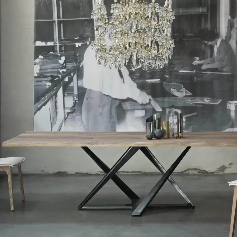 Elegant Bontempi Millennium table with light brown wooden tabletop and intersecting matte finish metal structures