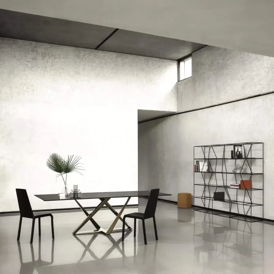 Distinguished Bontempi Millennium table with glossy glass tabletop and intersecting golden metal legs