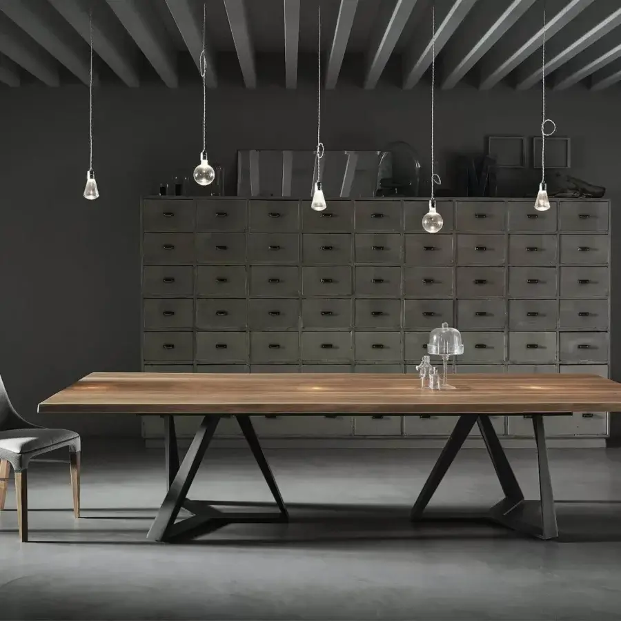 Exceptional Bontempi Millennium table with a light to medium brown wooden tabletop and dark metal geometric legs in a matte finish