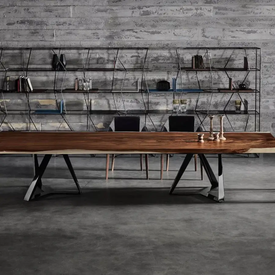 Elegant Bontempi Millennium table with a dark brown glossy wood tabletop and geometric polished black silver metal legs