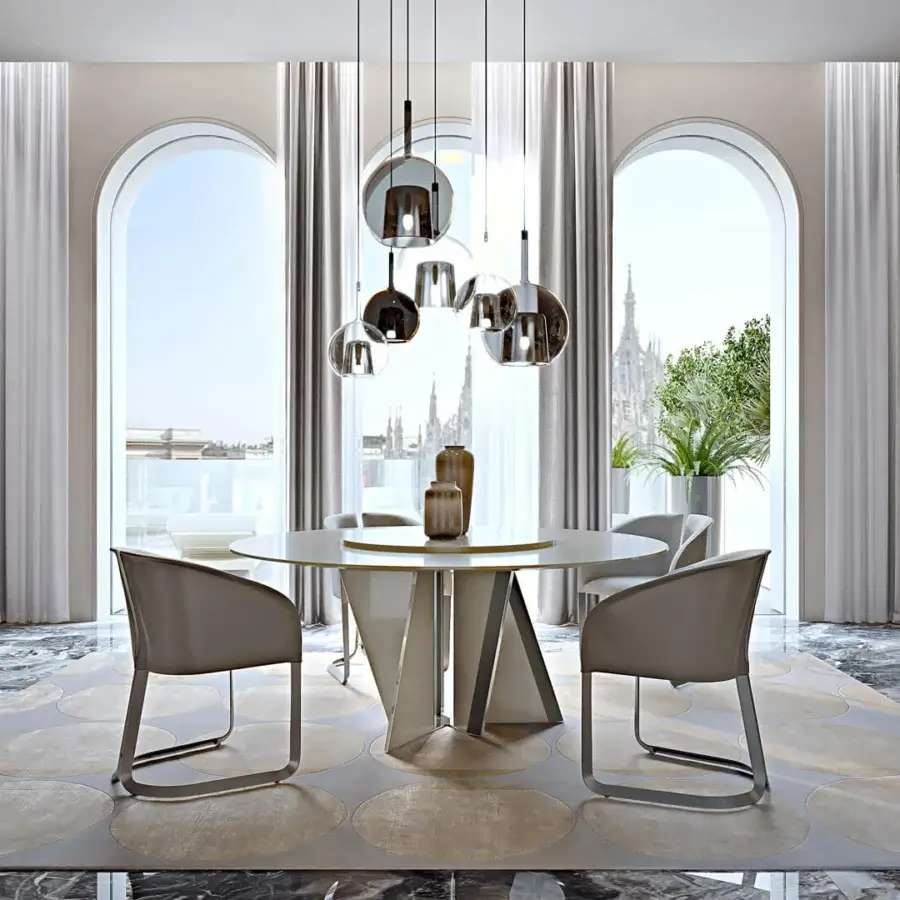 Captivating Turri Milano table with a light-colored round top and a geometrically inspired glossy lacquered wooden base built with metal accents