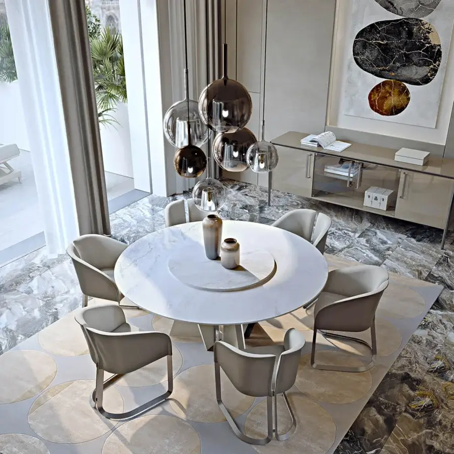 Superior Turri Milano table with a round light marble top and a geometric base built with glossy lacquered wood and metal details