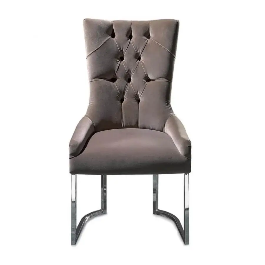 Distinguished Rugiano Itaca armchair with tall tufted backrest upholstered in soft taupe textile and sleek black chrome base