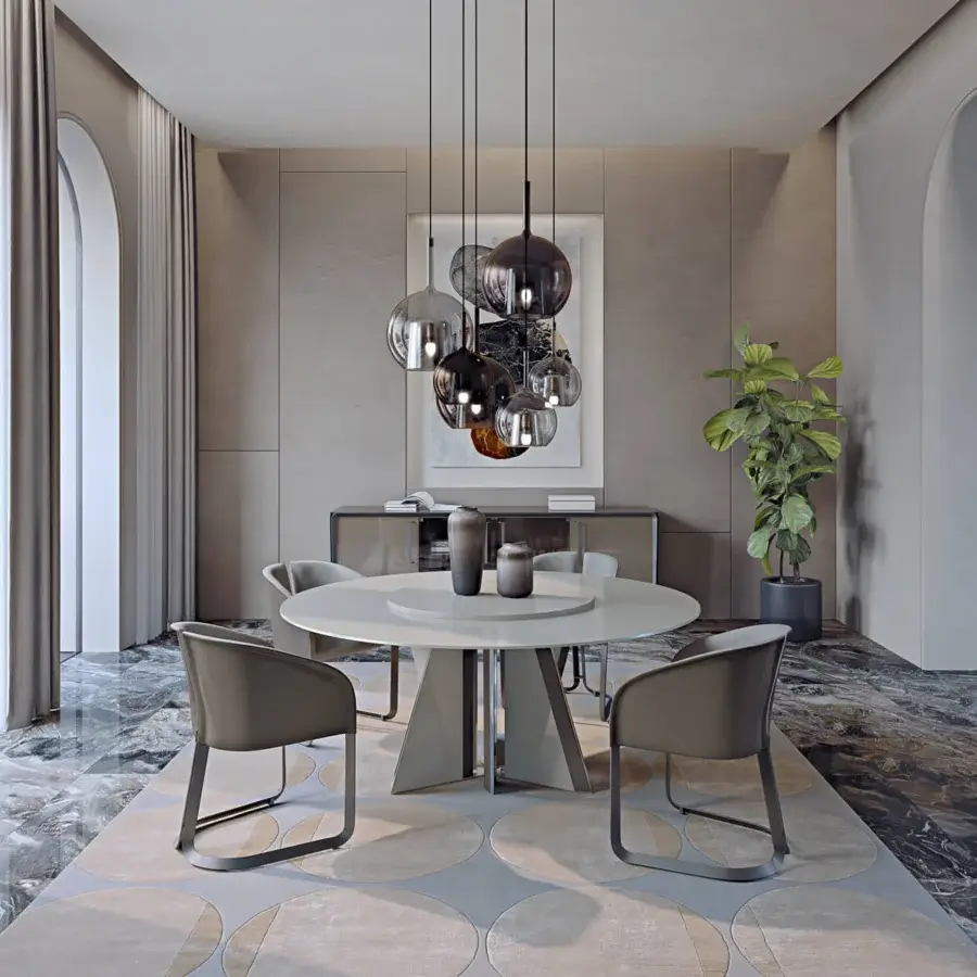 Distinguished Turri Milano table with a captivating geometric base and round light gray lacquered wooden blades crafted with leather details