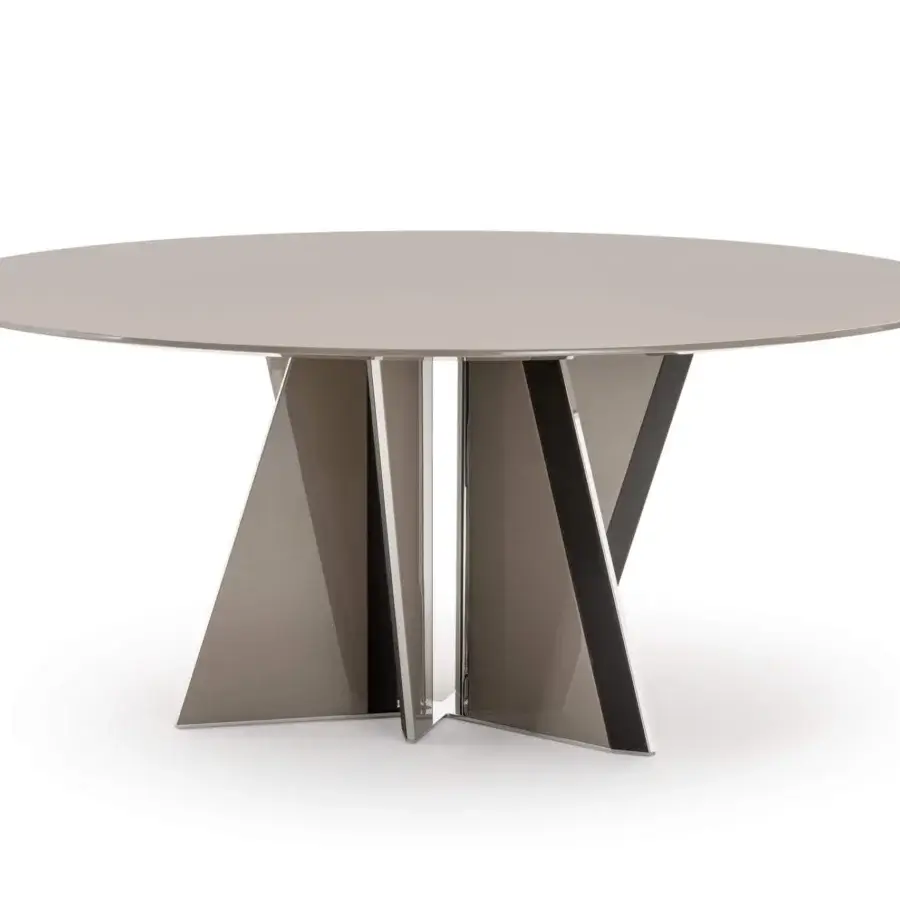 Superior Turri Milano table with a light grayish-beige tabletop and geometrically crafted glossy lacquered wood base with metal accents