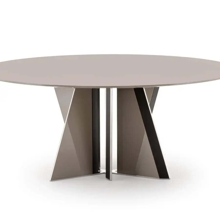 Distinguished Turri Milano table with a round top and geometrically crafted glossy lacquered wooden blades with leather accents