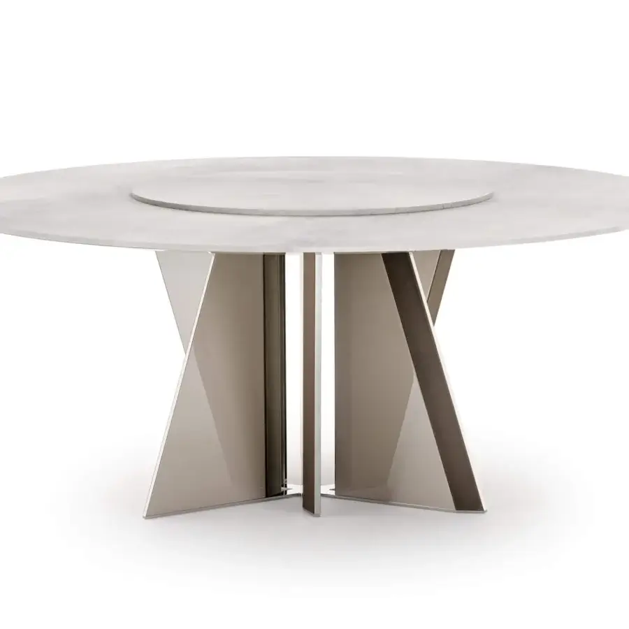 Captivating Turri Milano table with a light gray marble-like top and geometrically crafted glossy lacquered beige wooden blades