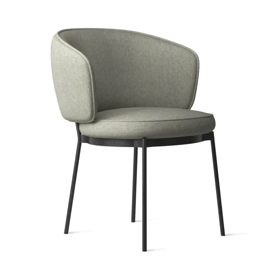 Elegant Horm Concorde armchair with a full backrest, light gray textured textile and slender matte black metal legs