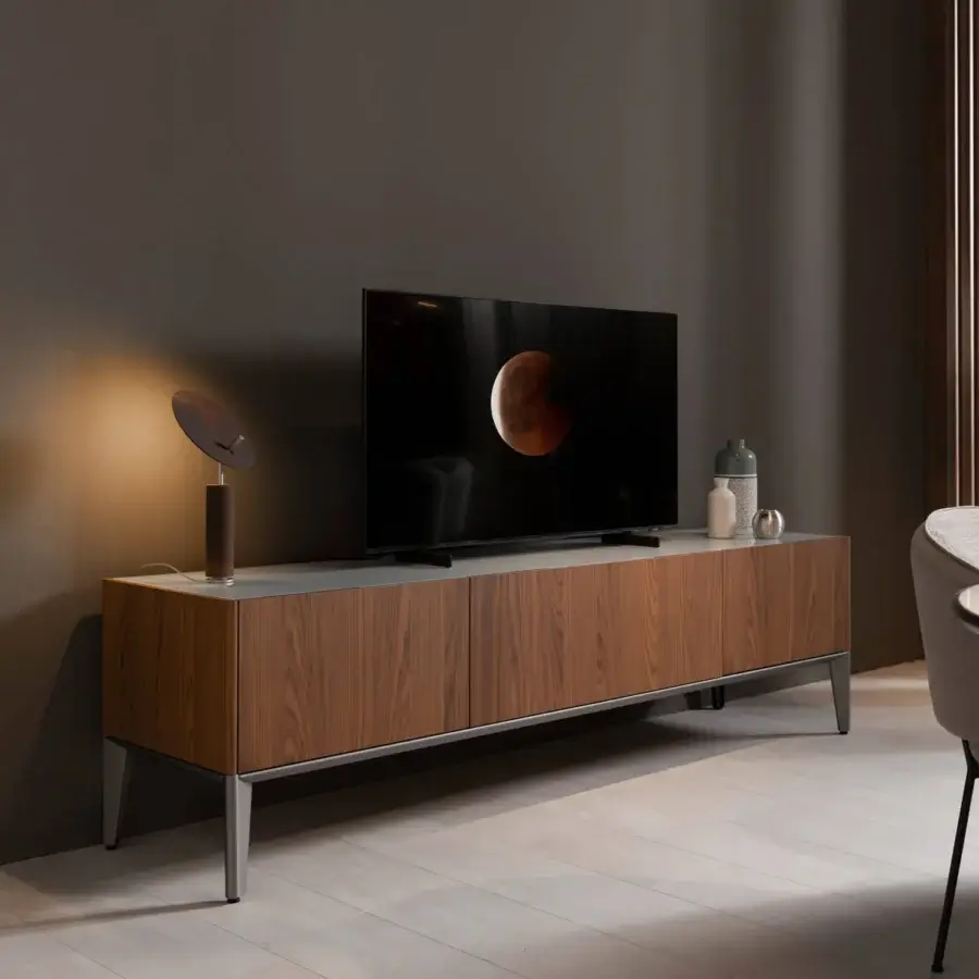 Elegant Horm Dam sideboard with folding black ash wooden doors and a sleek metal base crafted in Italy