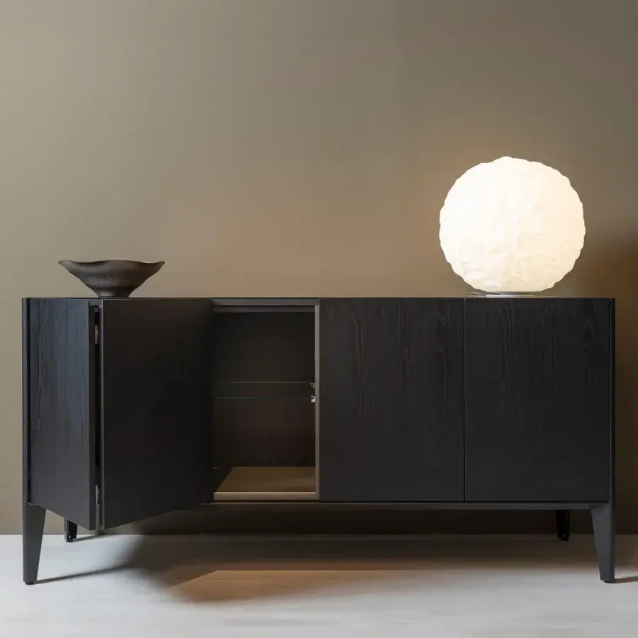 Superior Horm Dam sideboard in black ash presents a sleek rectangular form with a matte finish and subtle metal base