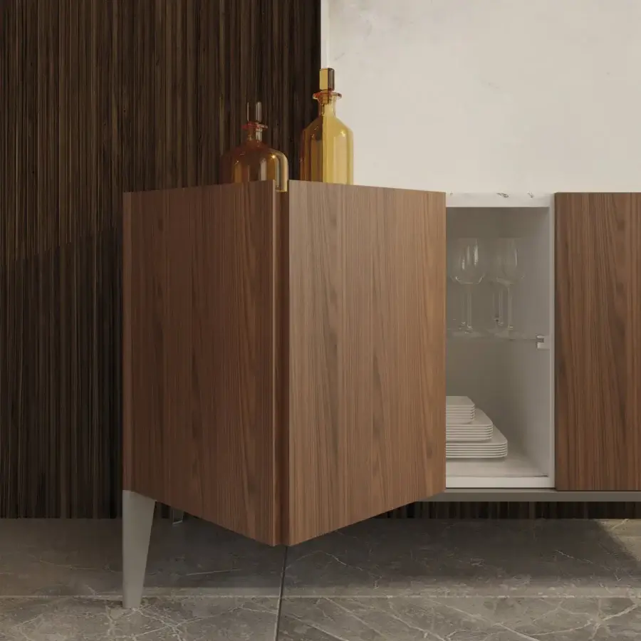 Elegant Horm Dam sideboard crafted in Italy showcases warm wood with matte finish and subtle metal base