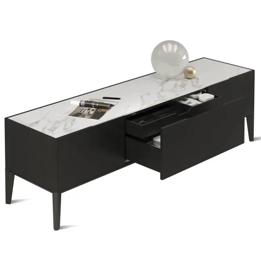 Superior Horm Dam sideboard crafted in Italy exhibits black ash wood with a white marble-patterned top and slender metal legs