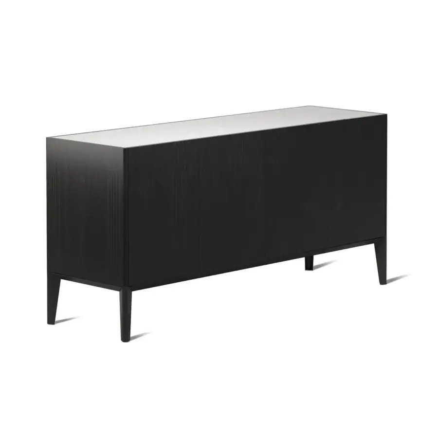 Distinguished Horm Dam sideboard exhibits sleek black ash wood folding doors with a contrasting light-colored top crafted in Italy