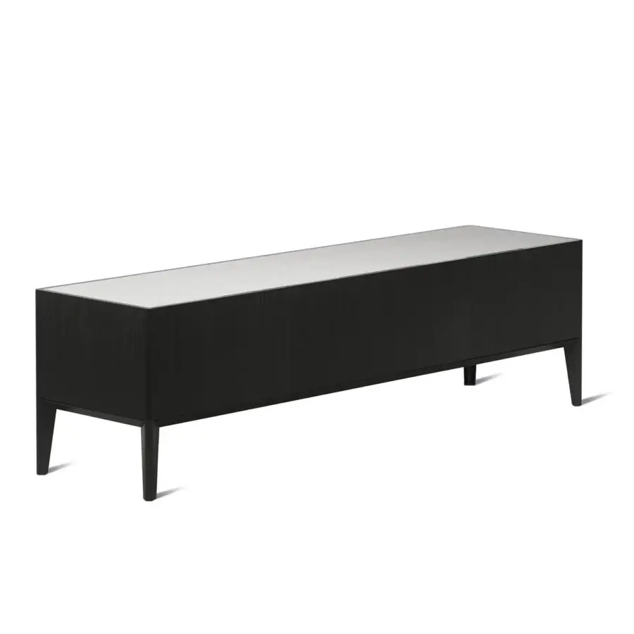 Exceptional Horm Dam sideboard crafted in Italy exhibits black ash doors with a light-colored top and tapered legs