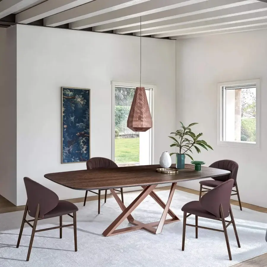 Distinguished Bontempi Millennium Barrel table with a brown wood tabletop and intersecting light copper-like metal legs