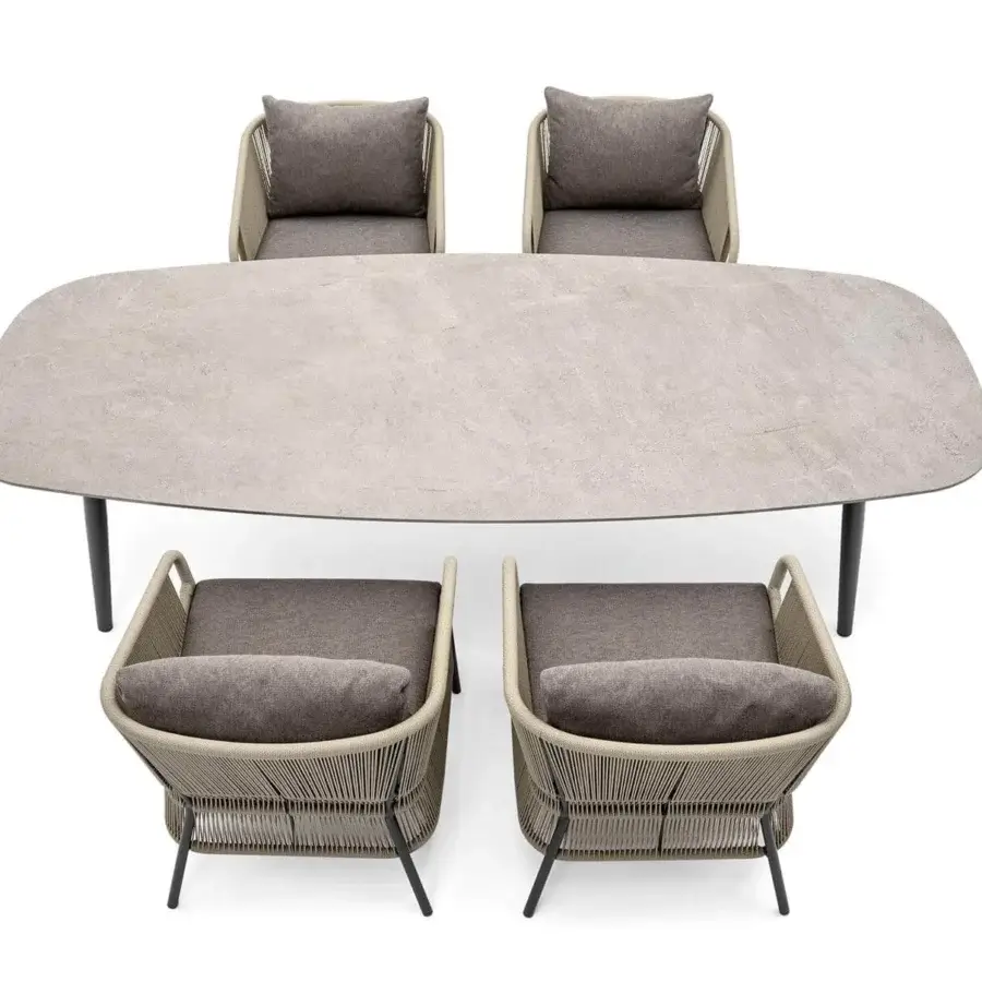Superior Varaschin Cricket lounge chair with hand-woven rope and a powder-coated aluminum structure in light matte tone with grey fabric cushioning