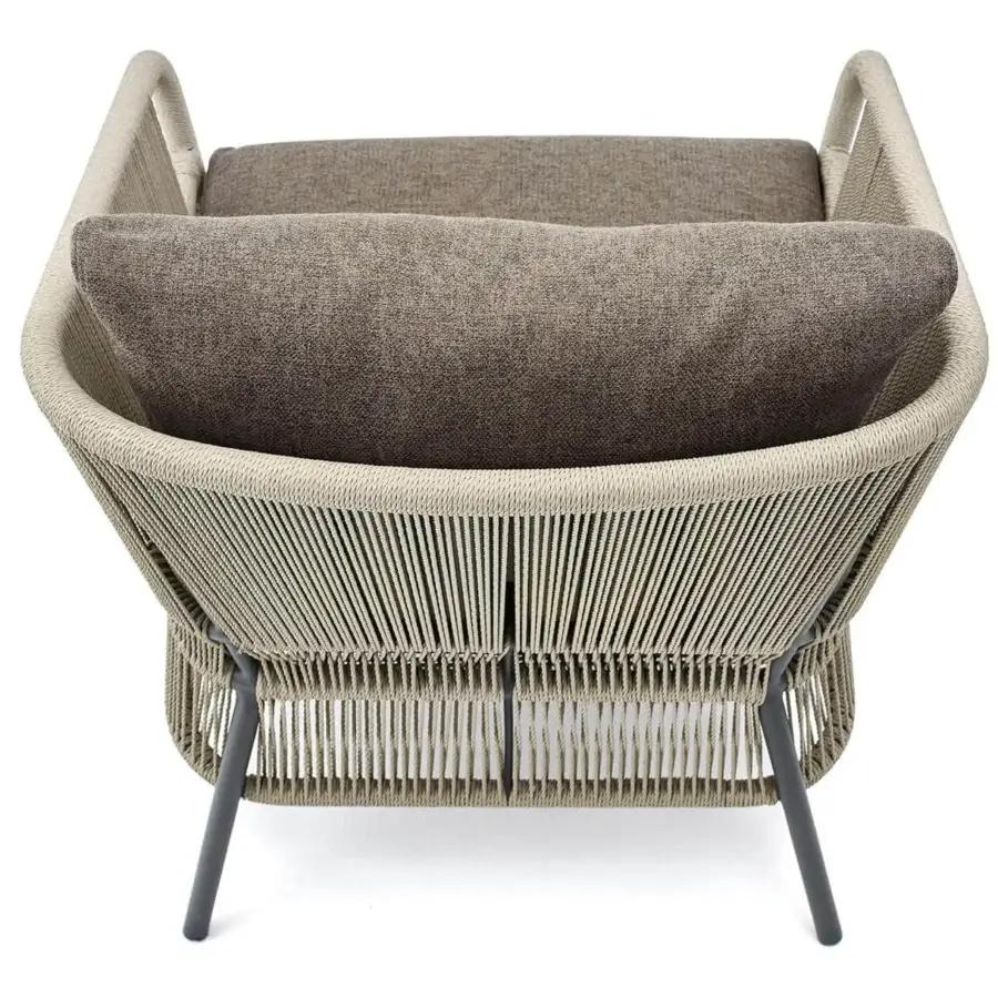 Distinguished Varaschin Cricket lounge chair crafted with light beige hand-woven rope and textured brown-gray cushions in powder-coated aluminum