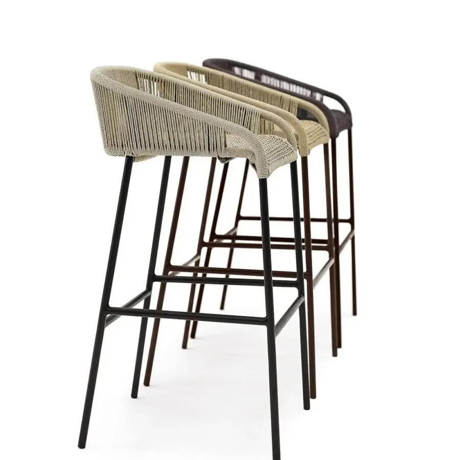 Exceptional Varaschin Cricket bar stool with light beige hand-woven synthetic fiber and powder-coated aluminum frame