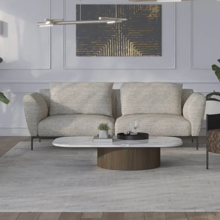 Distinctive Horm Ella sofa, a seating option upholstered in light neutral textile with a thin dark metal base