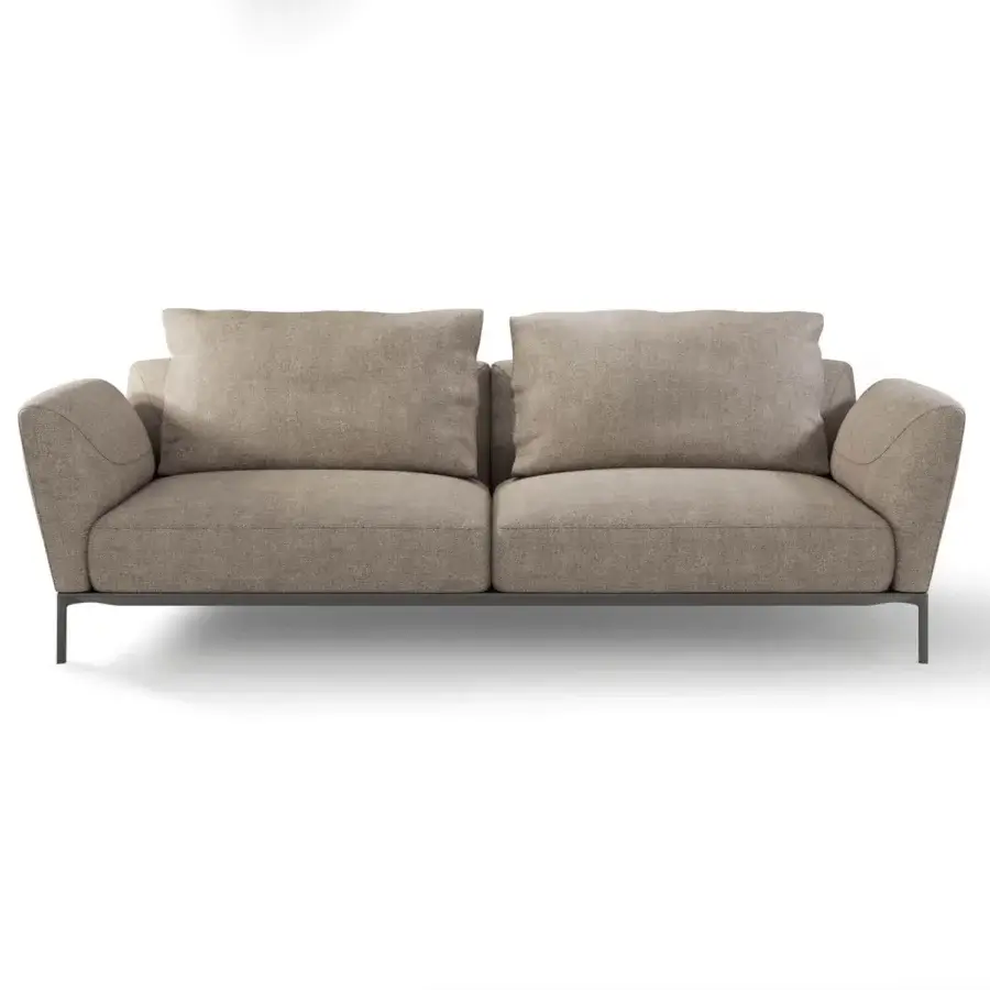 Distinguished Horm Ella sofa, a contemporary seating option upholstered in light brown fine-weave textile with minimalist dark metal legs
