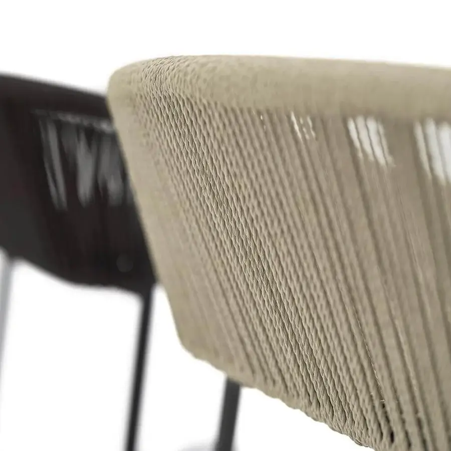 Elegant Varaschin Cricket bar stool with a light neutral handwoven synthetic fiber and powder-coated aluminum frame