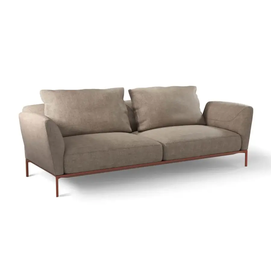 Exceptional Horm Ella sofa, a stylish seating option upholstered in neutral brown textile with matte finish and sleek metal base
