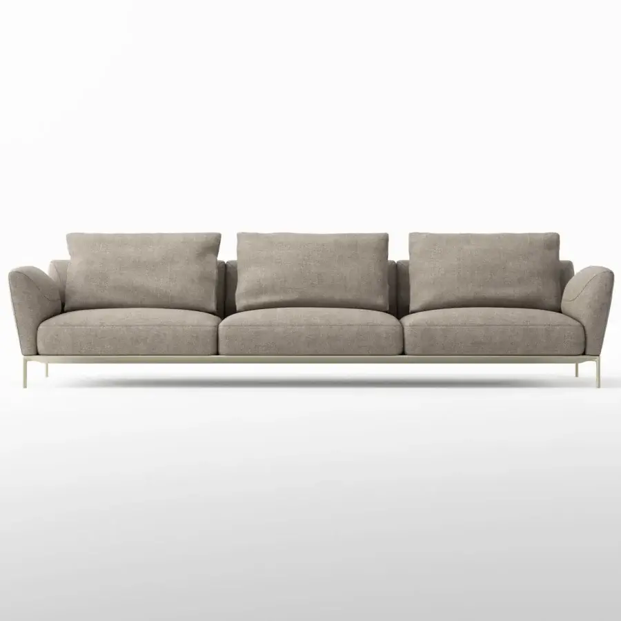Captivating Horm Ella sofa, a designer seating option upholstered in light brown textile with matte finish and thin metal frame