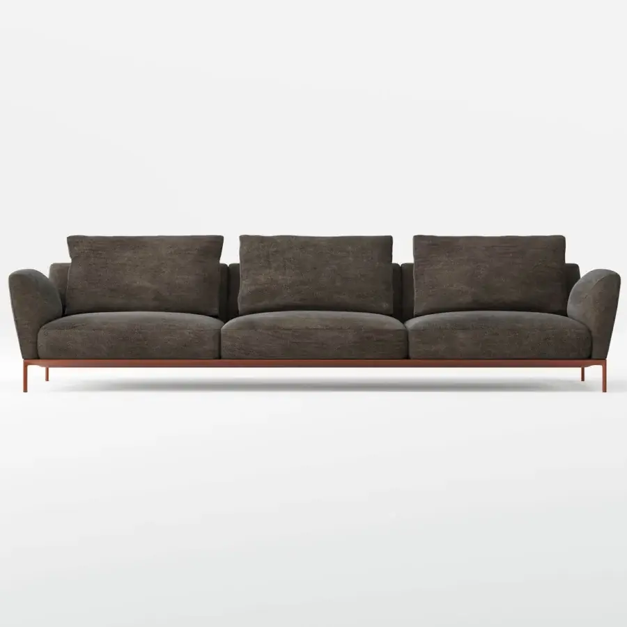 Distinguished Horm Ella sofa, a wide seating option upholstered in dark brown textile with a matte finish and muted bronze metal base