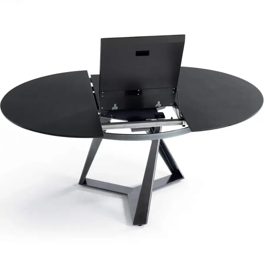 Innovative Bontempi Millennium round extendable table with geometric metal base and matte black finish