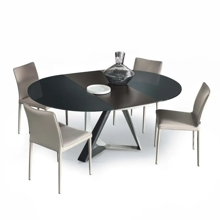 Distinguished Bontempi Millennium round extendable table with dark gray and silver metal base and glossy segmented oval tabletop
