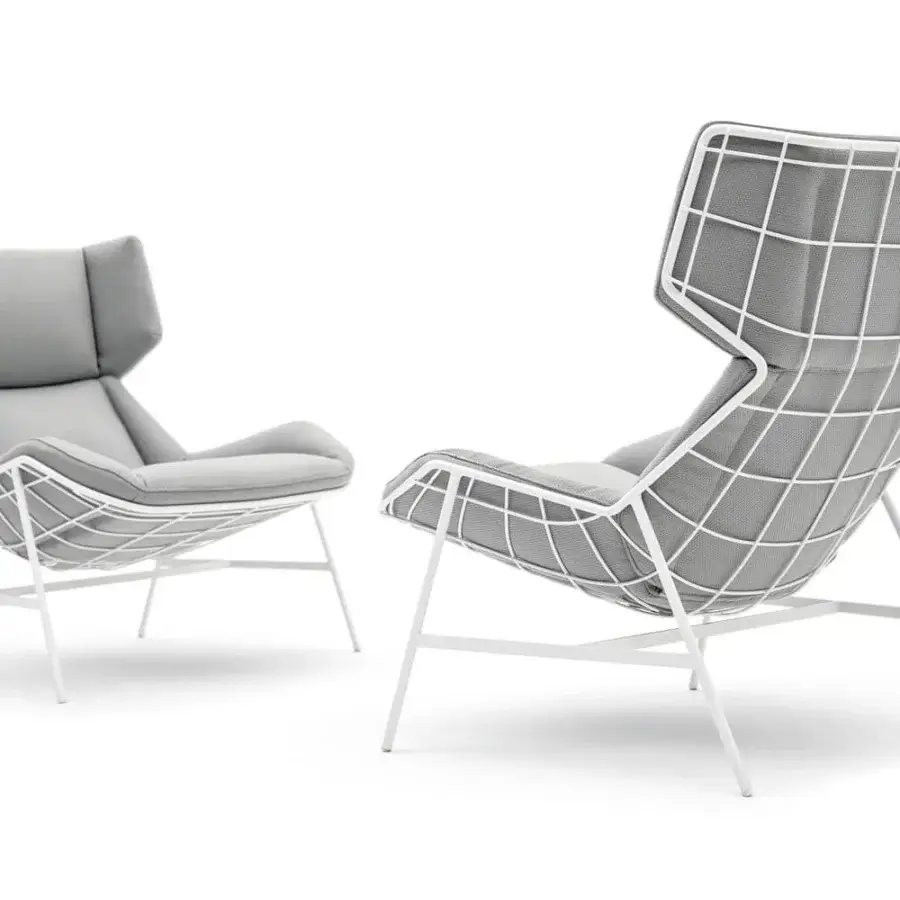 Elegant Varaschin Summer Set Bergere lounge chair with comfortable gray textile cushions and matte white metal frame