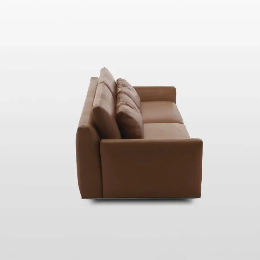 Distinguished Horm Ellington sofa with an ecological aluminum frame and warm brown leather-like upholstery exhibiting skilled tailoring craftsmanship