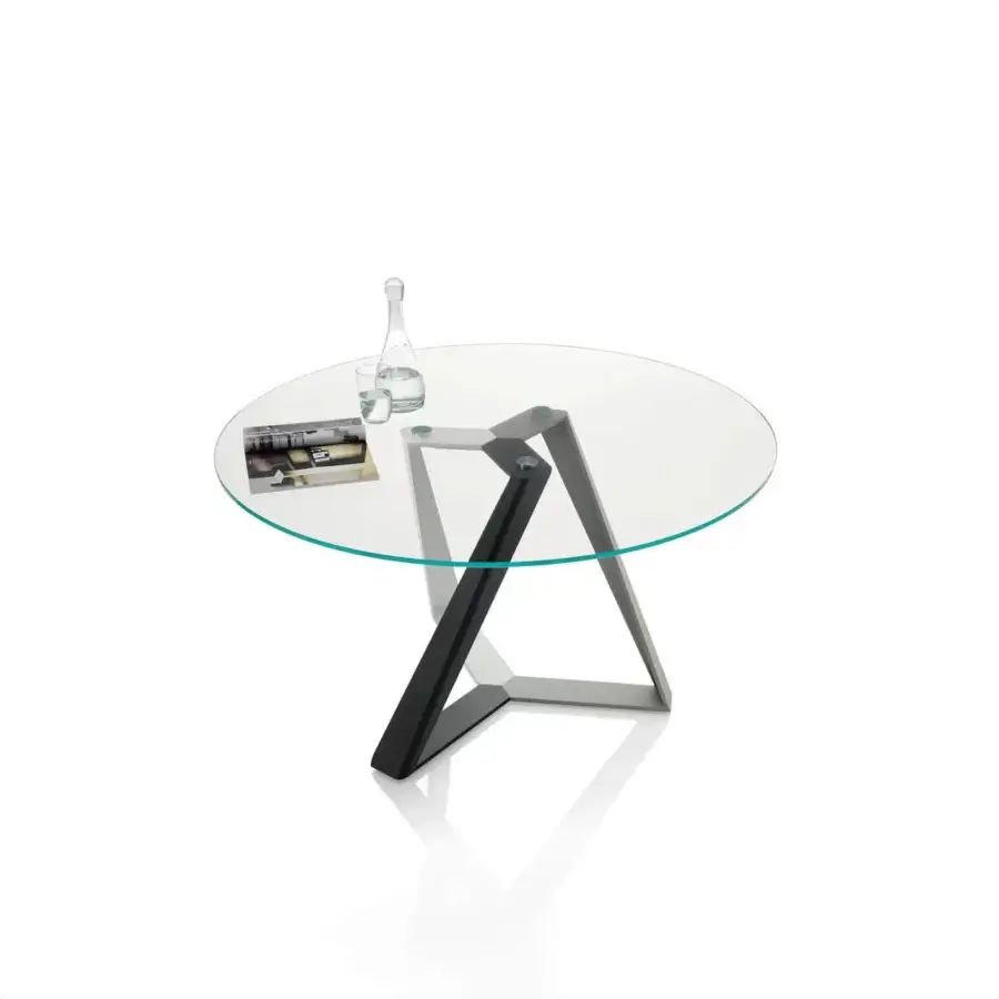Innovative Bontempi Millennium table with a clear glass top and interconnected triangular metal base in contrasting tones