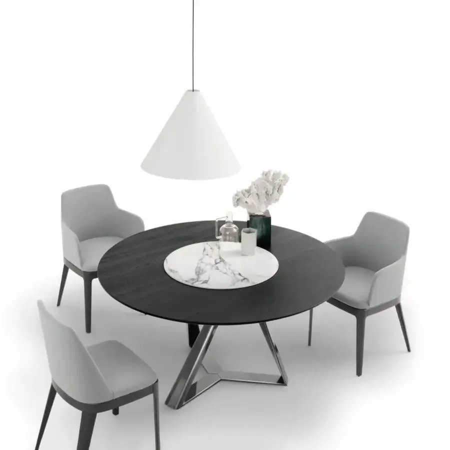 Elegant Bontempi Millennium table with dark wood, cool marble insert, and geometric metallic base