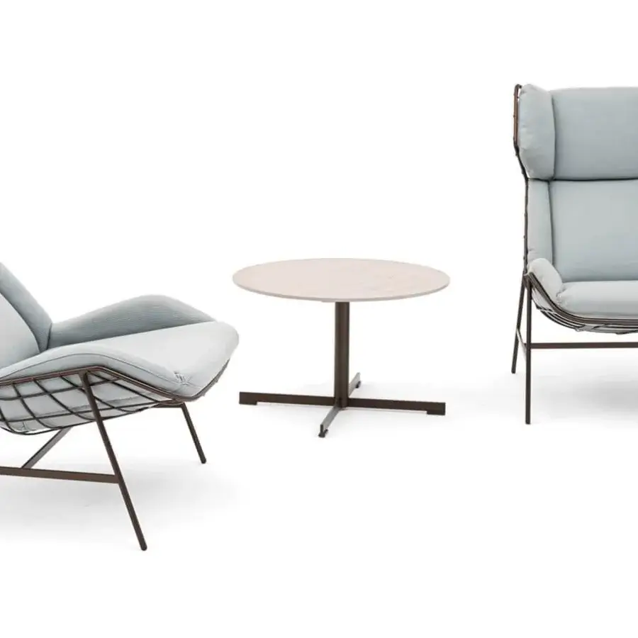 Superior Varaschin Summer Set Bergere lounge chair with light blue textile upholstery and dark metal frame