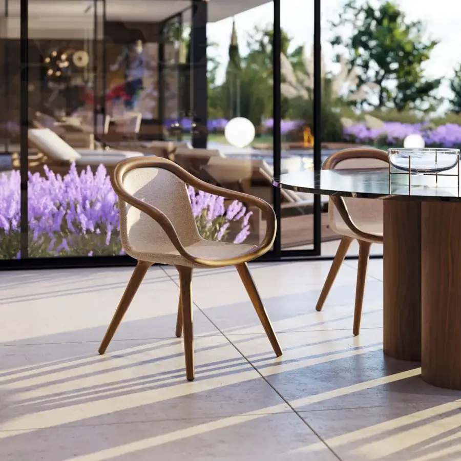Exceptional Horm Ginevra armchair built with solid walnut wood and light beige premium fabric upholstery