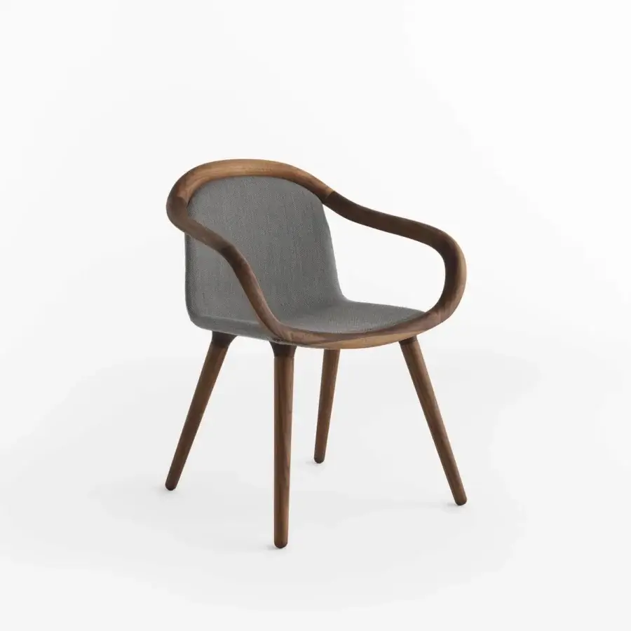 Exceptional Horm Ginevra armchair with gracefully curved walnut wood and stylish gray textile upholstery