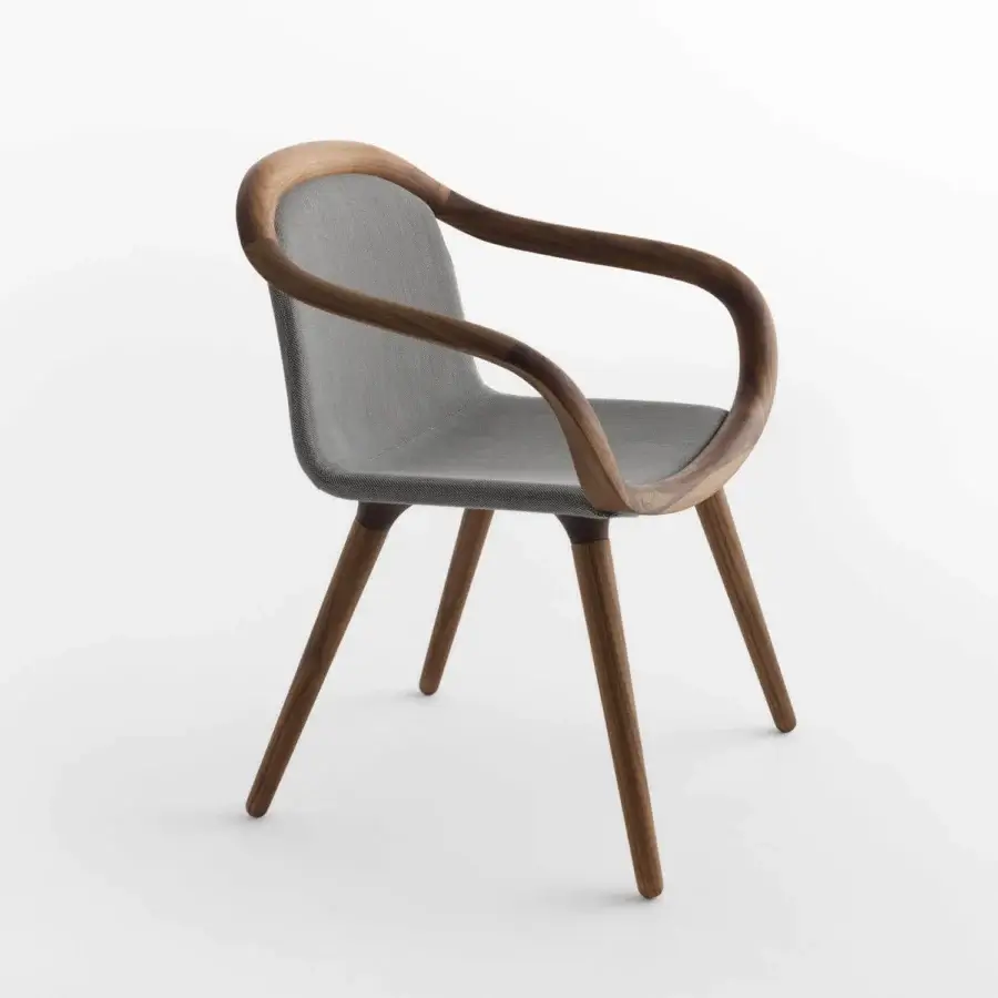 Superior Horm Ginevra armchair with anatomical comfort built in light gray fabric and dark-toned walnut wood frame