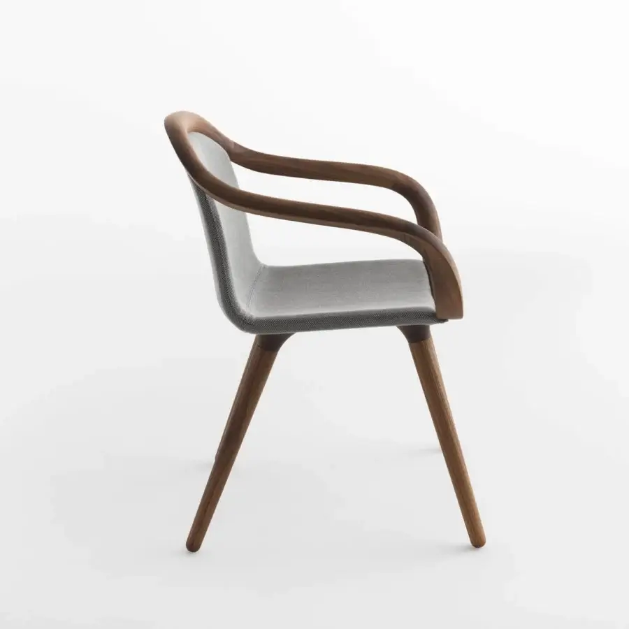 Elegant Horm Ginevra armchair with curved walnut wood and sophisticated gray textile upholstery crafted in Italy