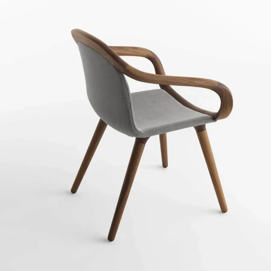 Distinctive Horm Ginevra armchair crafted with solid walnut wood and premium gray textile, exhibiting a smooth finish