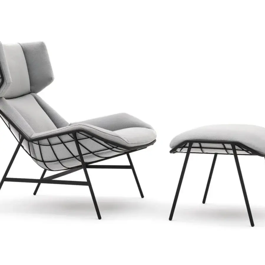 Distinguished Varaschin Summer Set Bergere lounge chair with woven metal threads and light gray textile cushions in matte black finish