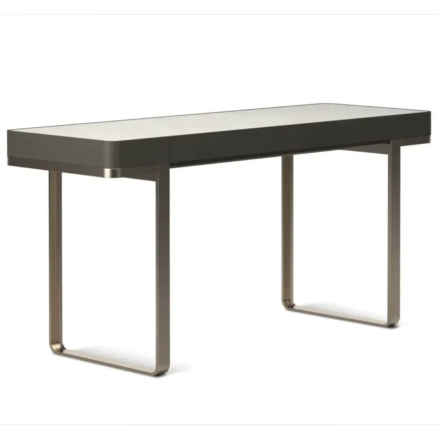 Elegant Horm Imperio console with light matte surface inset within dark gray frame and champagne metal legs