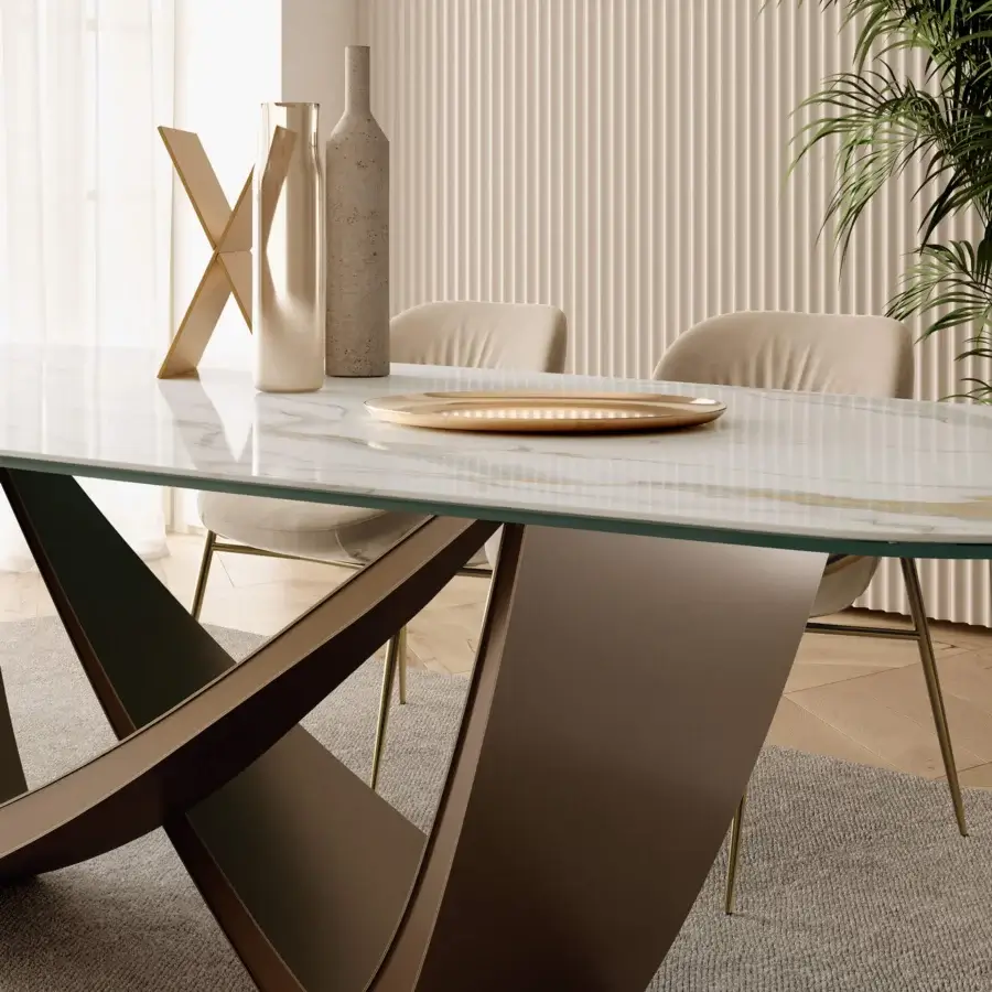 Superior Bontempi Bach Barrel table with white, gold and gray marble-like top and smooth brown sculpted base