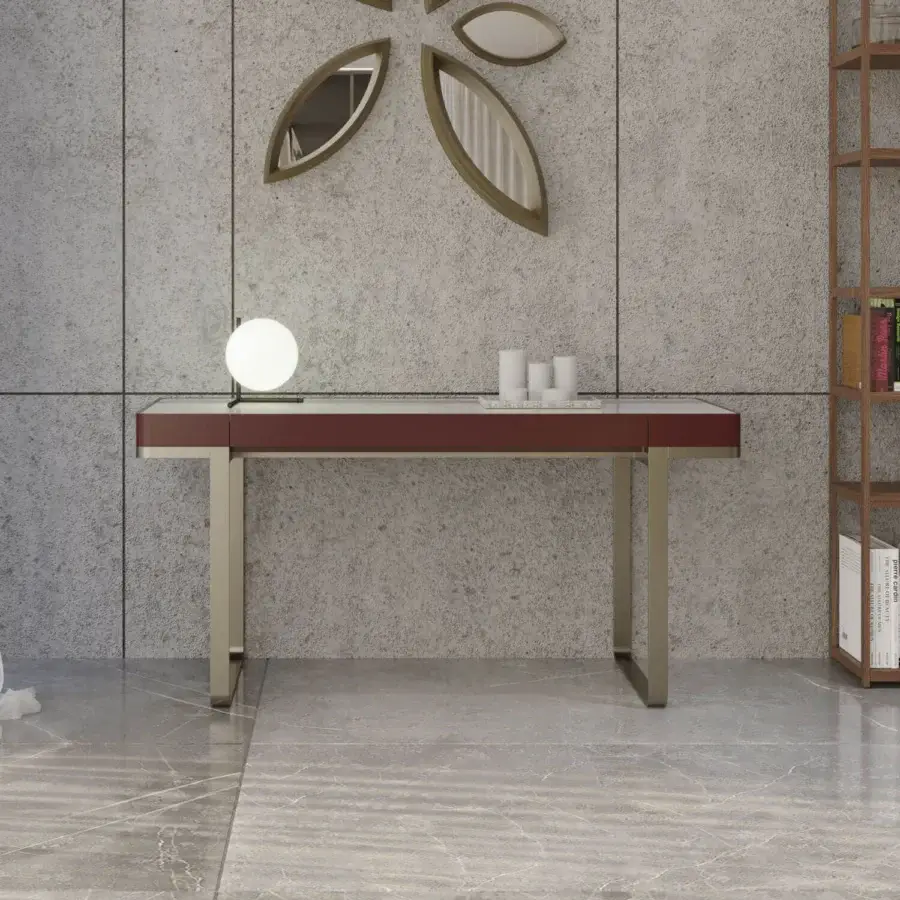 Distinguished Horm Imperio desk with dark red tabletop, gold-colored metal legs and central drawer crafted in Italy